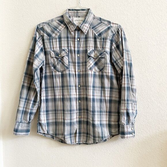 Aeropostale Shirt Mens M Blue Plaid Pearl Snap Button Western Cowboy Cotton - Picture 1 of 11